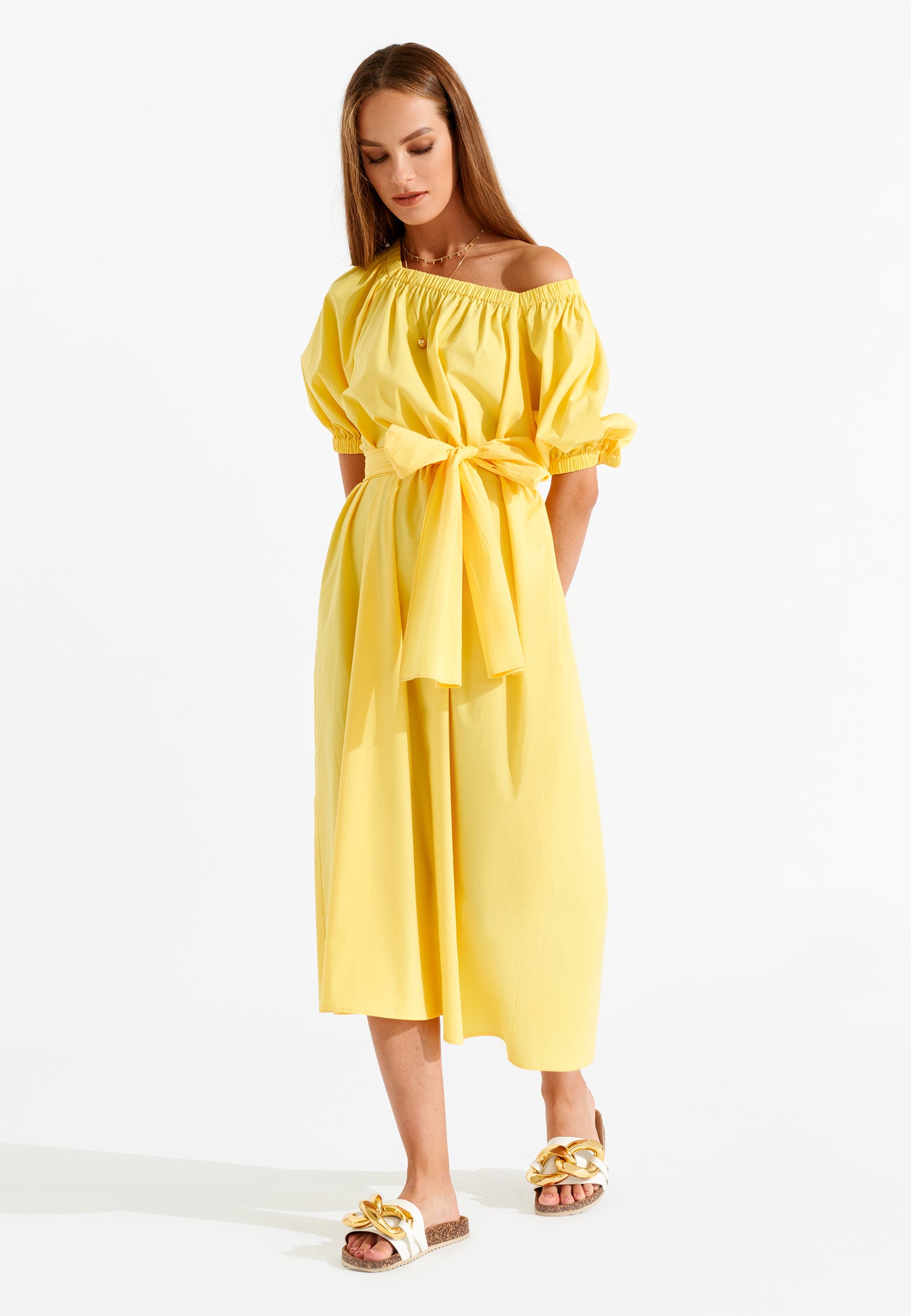 Long Puff Sleeve Dress with Waist Strap