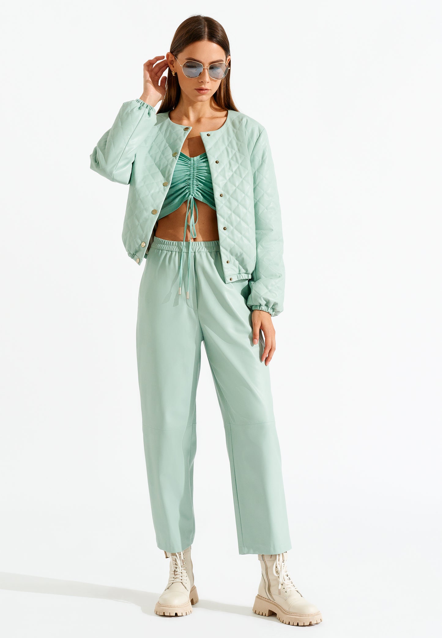 Eco Leather Turquoise Diamond Quilted Bomber Jacket