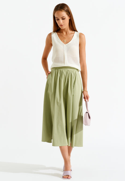 High Rise Elastic Waistband Midi Skirt