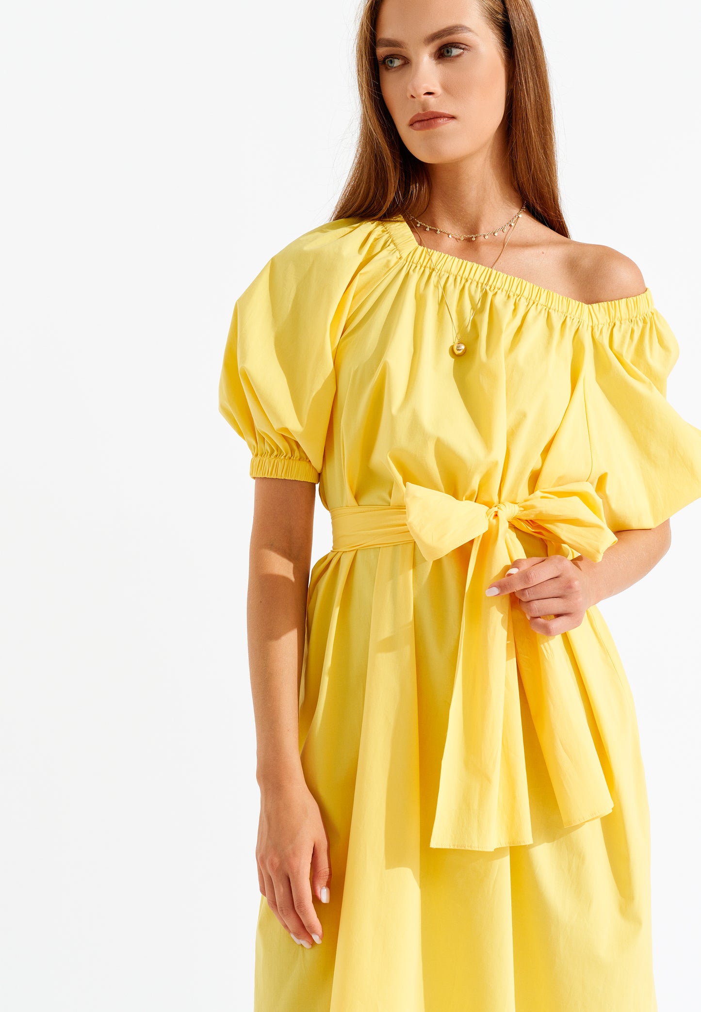 Long Puff Sleeve Dress with Waist Strap