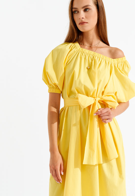 Long Puff Sleeve Dress with Waist Strap