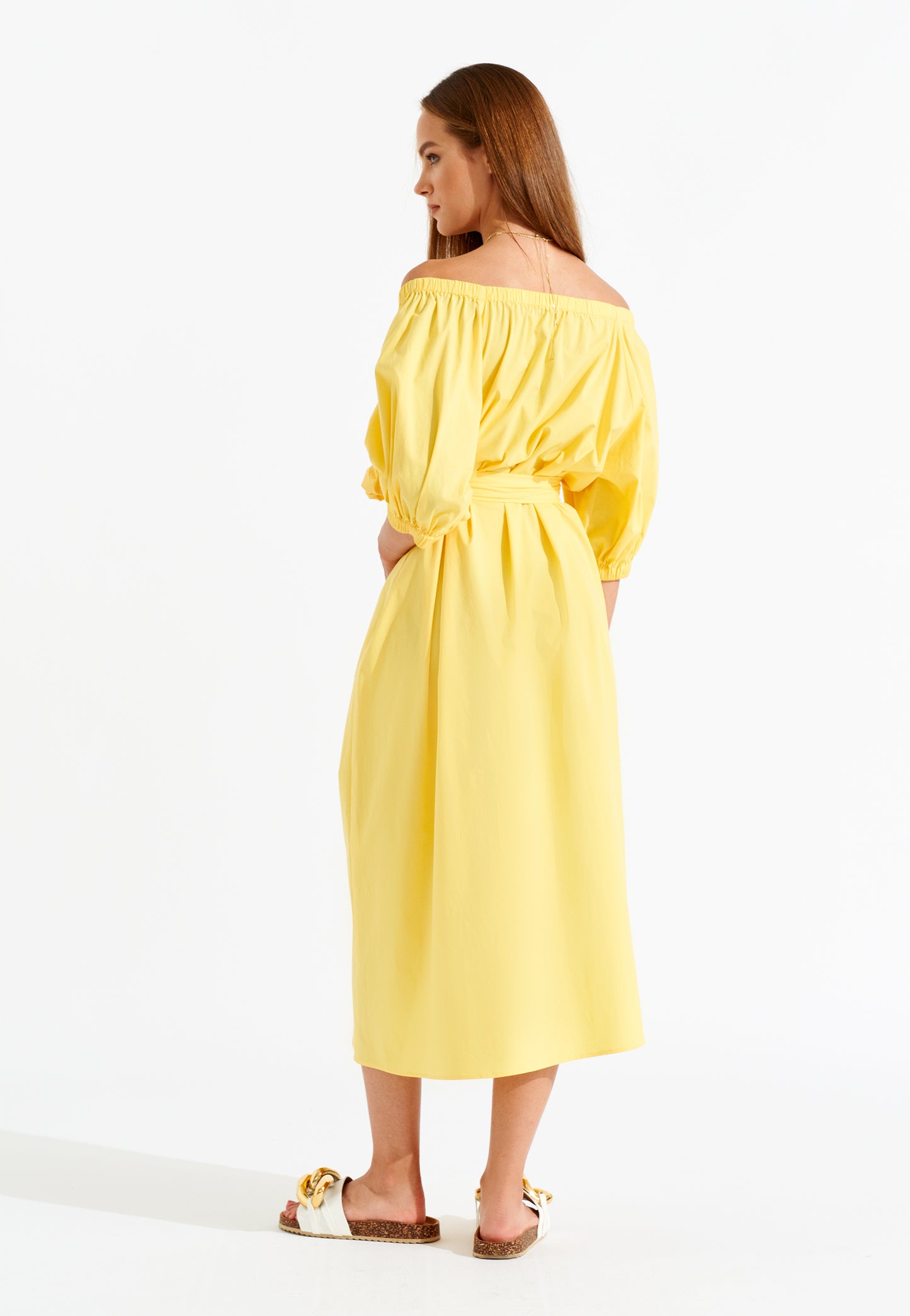 Long Puff Sleeve Dress with Waist Strap