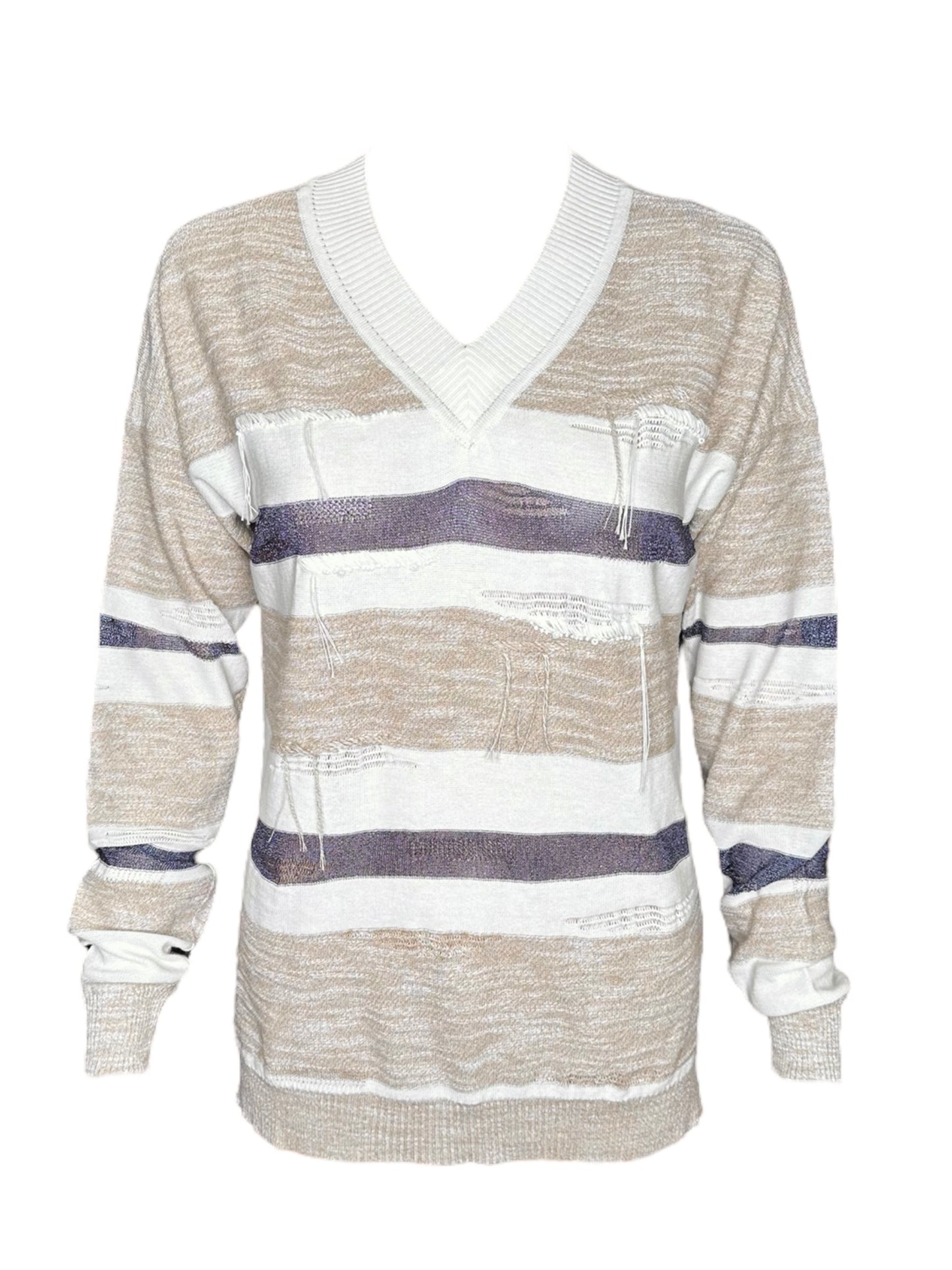 Striped Beaded Long Sleeve Sweater