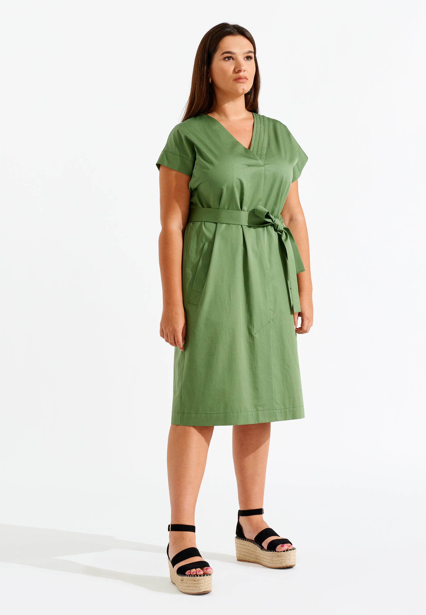 V-Neck Belted Midi Dress